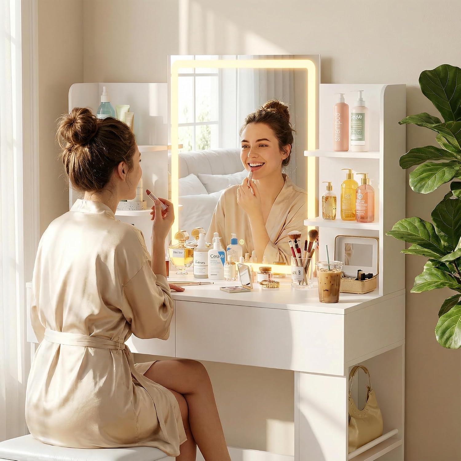 Furmax Vanity Desk with Mirror and LED Lights, Makeup Vanity Table with 3 Lighting Color, Adjustable Brightness, Vanity Table with 2 Drawers, Side Storage, for Bedroom (White, with Bench)