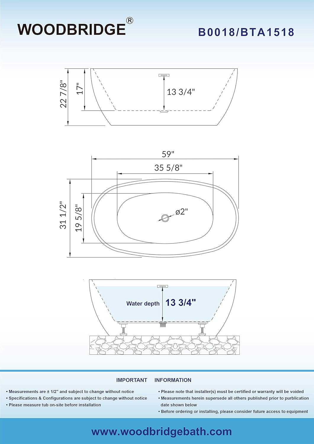 WOODBRIDGE 59' Freestanding White Acylic Soaking Bathtub with Chrome Drain and Overflow,BTA1518 -C-Drain &O