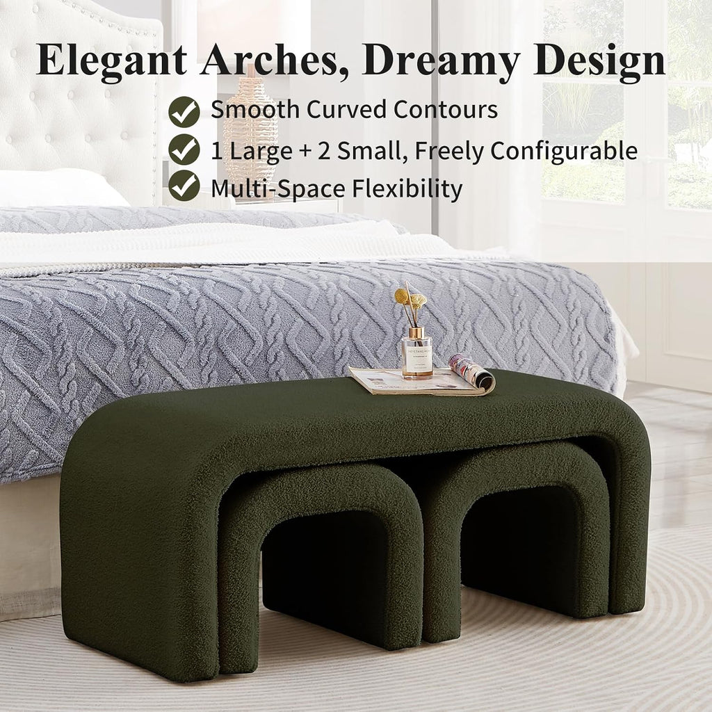 3-Piece Modern Ottoman Bench Set, 44' Wide Teddy Upholstered End of Bed Bench with 2 Foot Stools, Padded U-Shaped Entry Bench Vanity Stool for Living Room Bedroom (Dark Green)