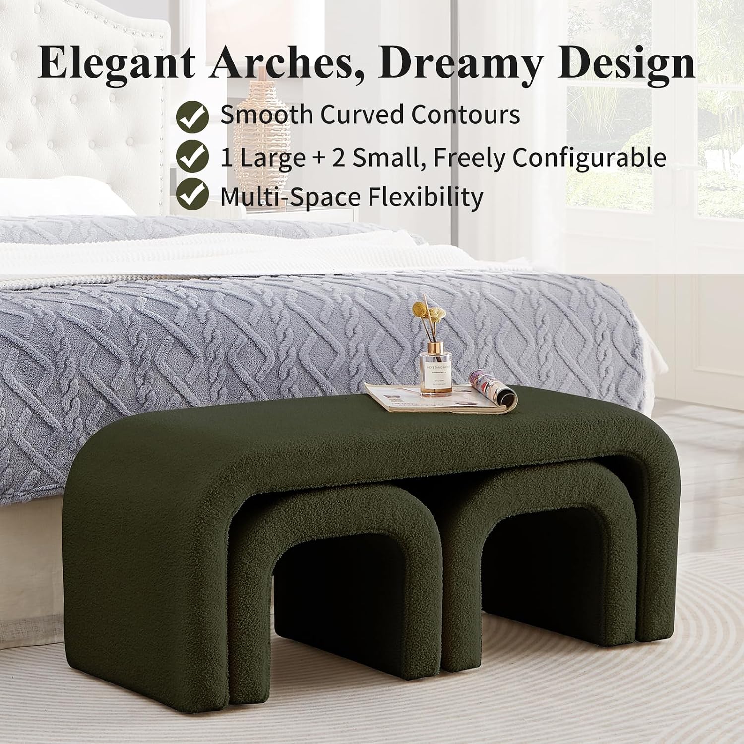 3-Piece Modern Ottoman Bench Set, 44' Wide Teddy Upholstered End of Bed Bench with 2 Foot Stools, Padded U-Shaped Entry Bench Vanity Stool for Living Room Bedroom (Dark Green)