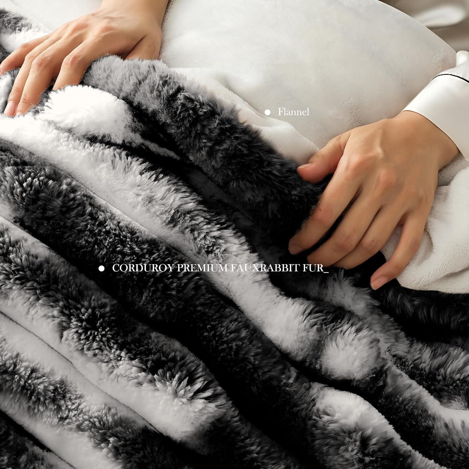 Wonderful Fluffy Faux Rabbit Fur Comforter Set King Size, Striped Stitching Tie-Dye Black Plush Fuzzy Bedding Set 3 Pieces, Warm Soft Comforter Bedding Set for Winter, 104'x90'