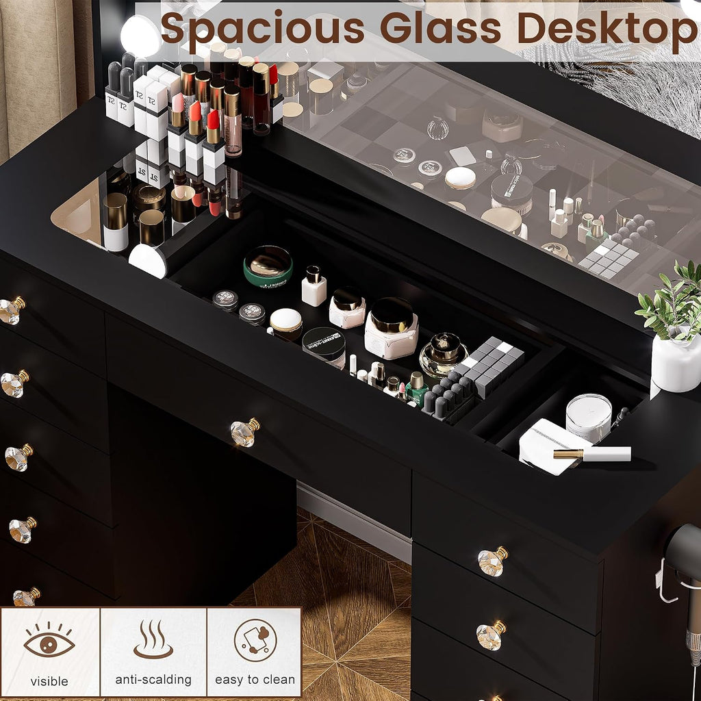 DINGIPP 42.1' Vanity with Large Mirror and 10 LED Lights, Vanity Desk with Glasstop, 11 Drawers with Crystal Handles, Dressing Table with Power Outlet as Gift for Women, Girls (Black)