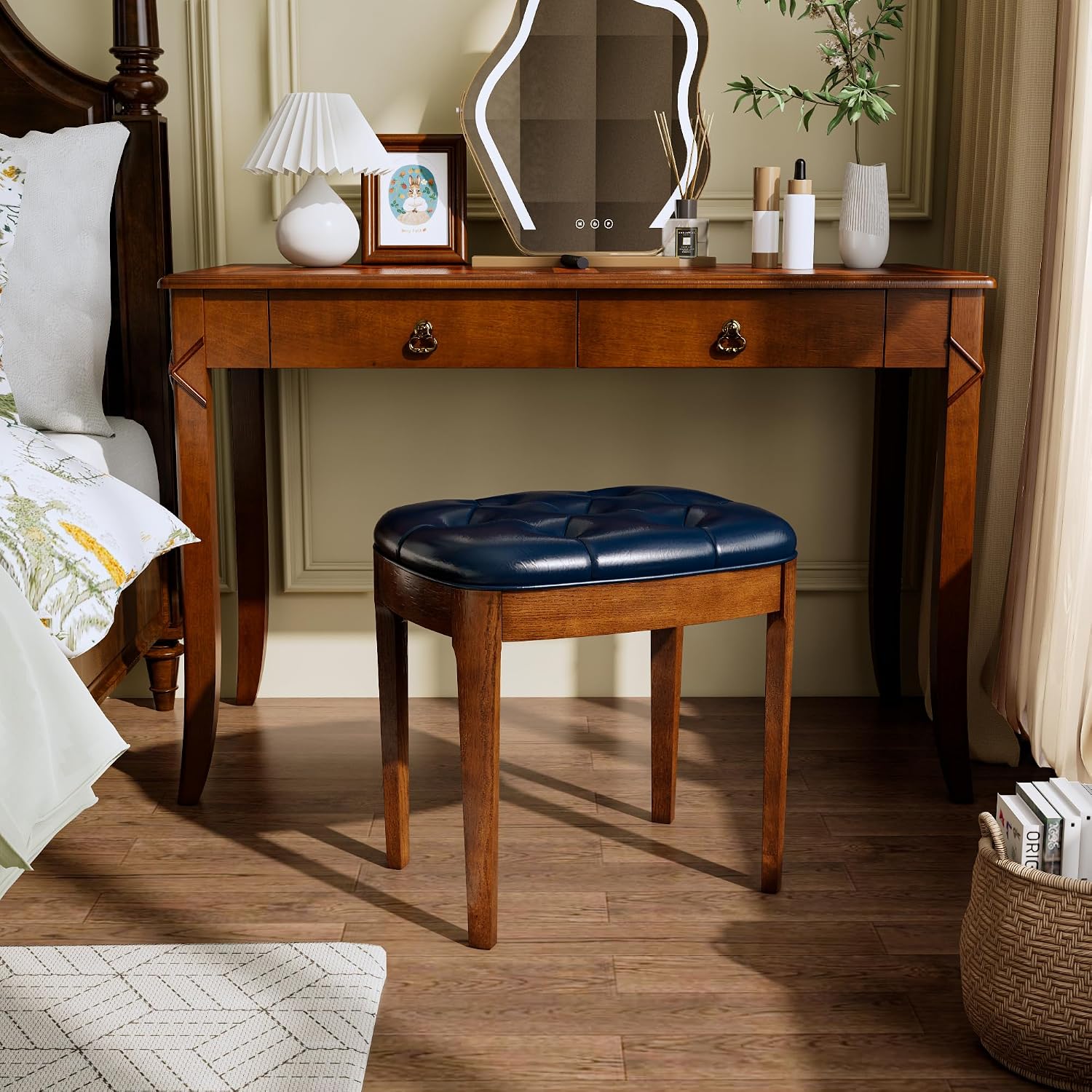 Vanity Stool with Padded Cushion, Vanity Bench with Wood Legs, Piano Bench Seat with with Solid Wood Legs, Backless Vanity Stool for Makeup Room, Bedroom, Dining Room and Study Room, Blue