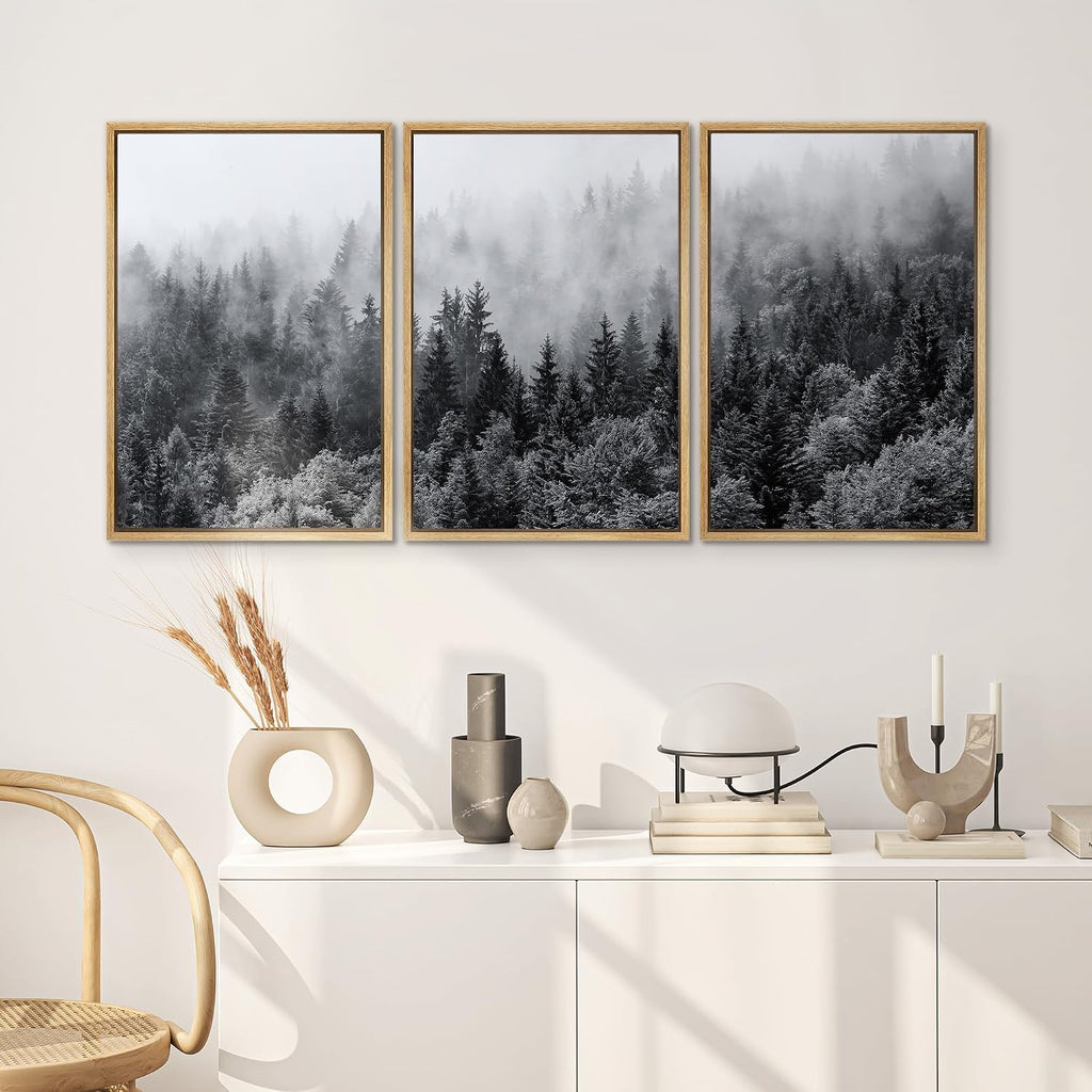 SIGNWIN Framed Canvas Print Wall Art Set Black & White Misty Mountain Forest Nature Wilderness Photography Modern Art Chic Landscape Relax/Calm for Living Room, Bedroom, Office - 16'x24'x3 Natural
