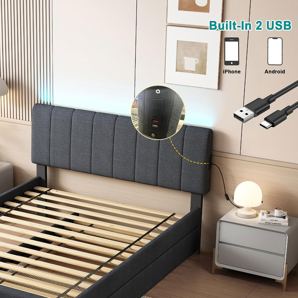 Ball & Cast Full Size Upholstered Platform Bed with Remote Control Intelligence Led Lights App and Trundle,Wood Bed Frame w/Charging Station Headboard & Eva Silent Strip,Bebframe for Apartment,Gray
