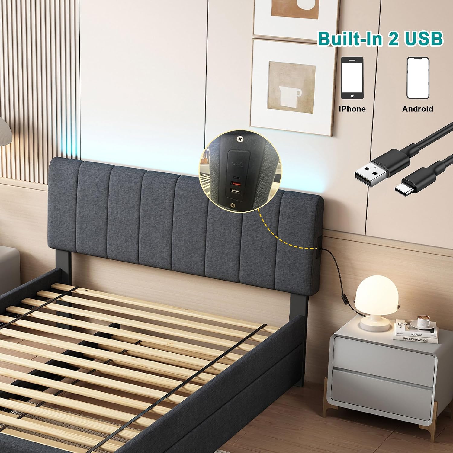 Ball & Cast Full Size Upholstered Platform Bed with Remote Control Intelligence Led Lights App and Trundle,Wood Bed Frame w/Charging Station Headboard & Eva Silent Strip,Bebframe for Apartment,Gray
