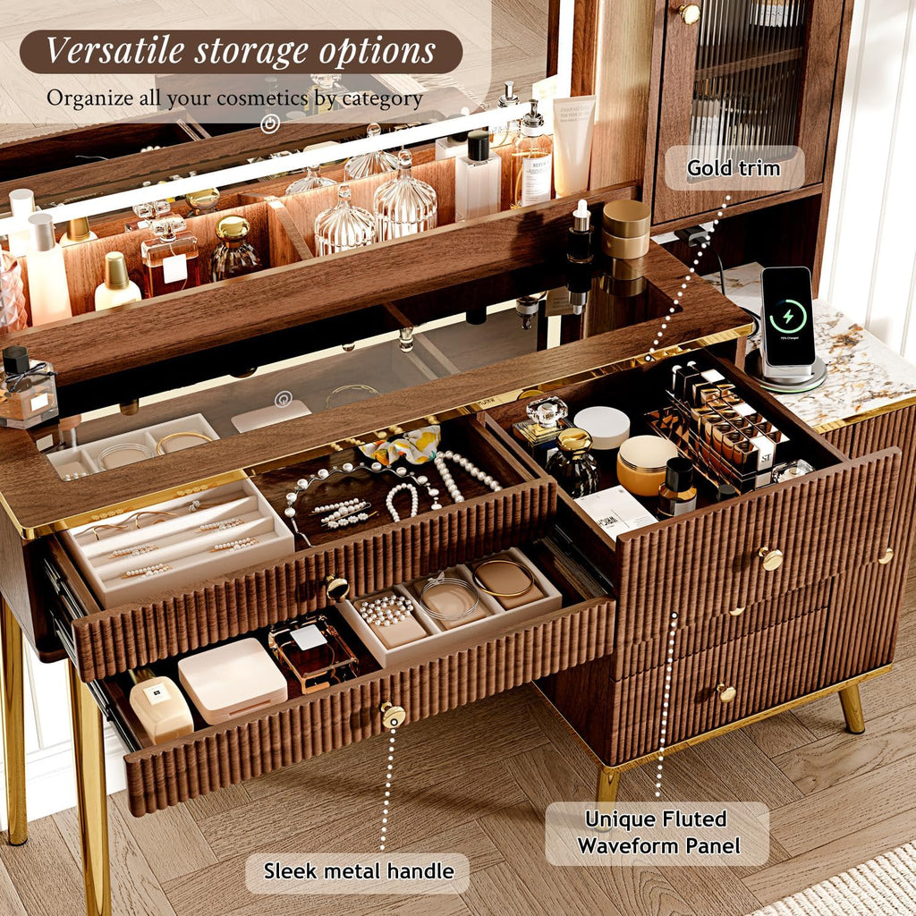 Arulvmrn Vanity Desk with 35.12' HD Lighted Mirror, 46.85' Big Modern Vanity Desk with Mirror and Lights, Makeup Vanity with 7 Drawers and Storage Shelves and Charging Station, Walnut