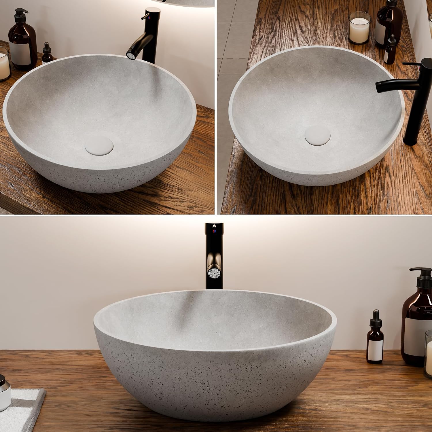 Design Vessel Sink Concrete Bathroom Sink above Counter Small Vessel Sink Bathroom Sink Bowl Countertop Modern Sinks with Faucet and Drain Combo 15.7' Round Gray