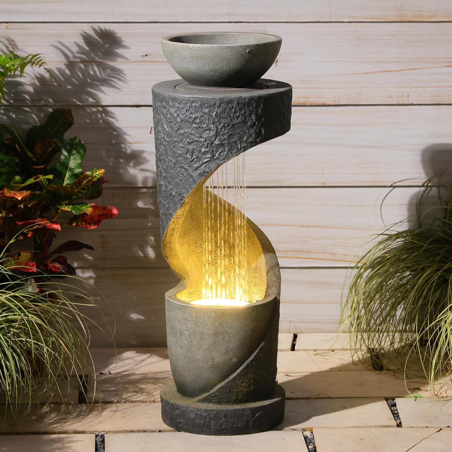 Sunlinua Outdoor Water Fountain with LED Light, Modern Spiral Tiered Outdoor Fountain with Stone Planter Curved Freestanding Waterfall Fountains for Garden Patio Deck Porch