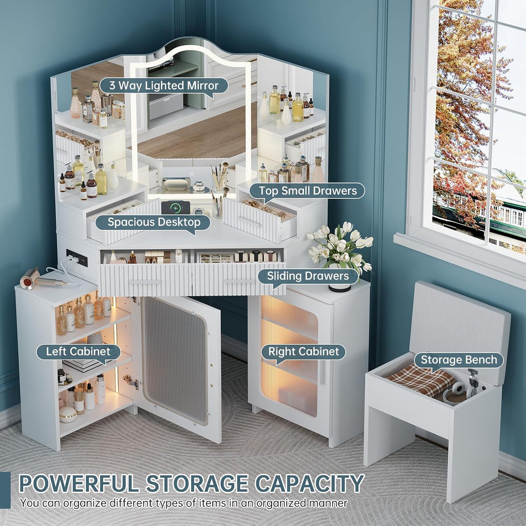 Corner Vanity with Mirror and Lights, Corner Makeup Vanity with 4 Drawers & 2 Cabinets, Vanity Set with Tri-Way Mirrors and Cushioned Stool, Big Vanities with Power Outlet Perfect for Bedroom, White