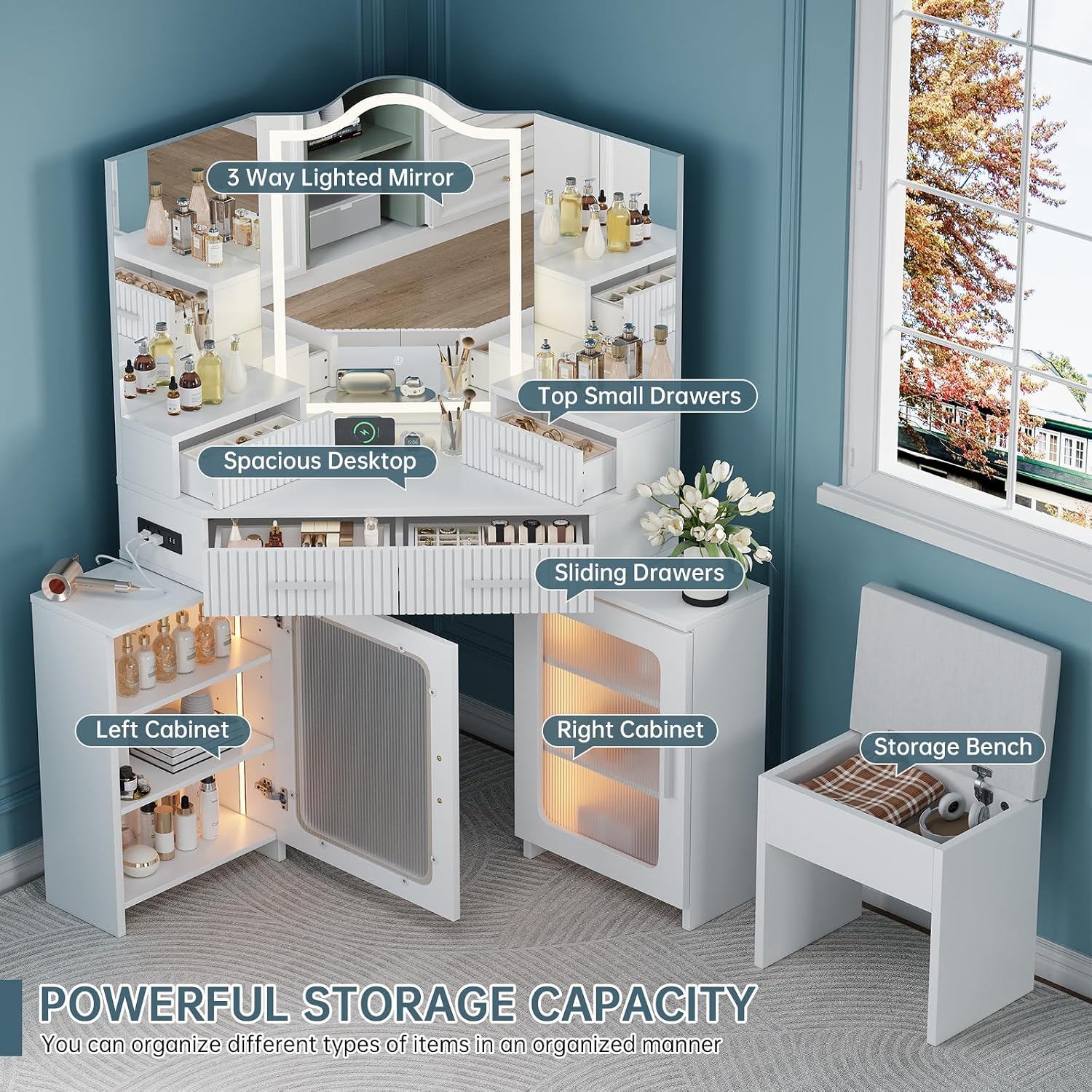 Corner Vanity with Mirror and Lights, Corner Makeup Vanity with 4 Drawers & 2 Cabinets, Vanity Set with Tri-Way Mirrors and Cushioned Stool, Big Vanities with Power Outlet Perfect for Bedroom, White