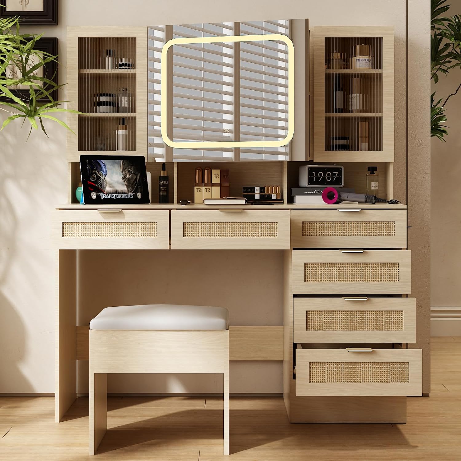 VINGLI Vanity Desk with LED Lighted Mirror & Padded Bench, Makeup Set with 7 Drawers & 2 Clear Glass Cabinets & 1 Hidden Mirror Cabinet & 3 Storeroom & Charging Station for Bedroom, Natural