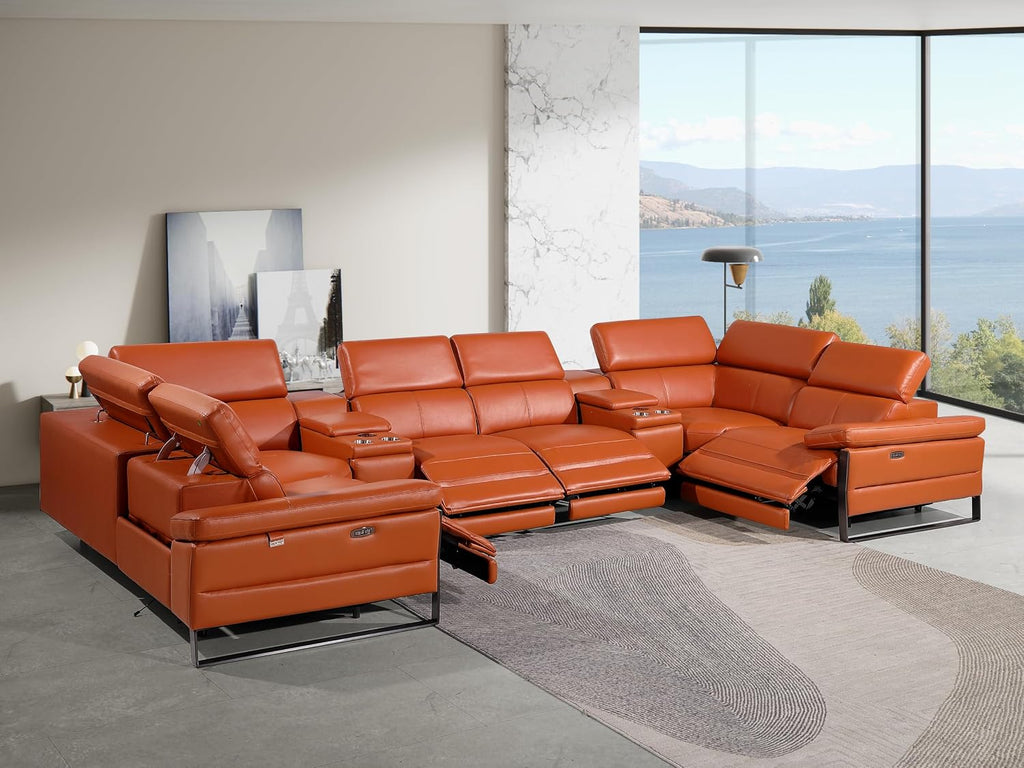 BlackJack Furniture Antonio 8 Piece U Shaped Power Reclining Sectional Sofa, Modular Couch with Top Grain Italian Leather, 4 Electric Recliners, USB & Wireless Chargers, Storage Console, Camel