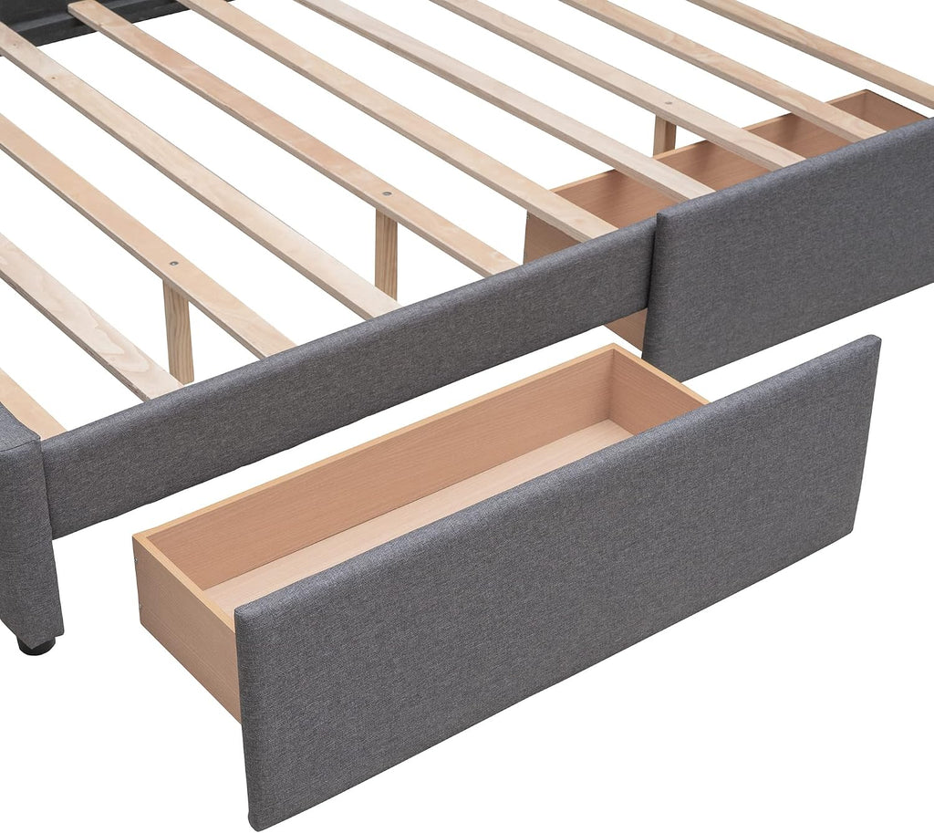 Merax Queen Size Upholstered Bed with 2 Storage Drawers and Twin XL Trundle, Solid Wood Platform Bed No Box Spring Needed, Dark Grey
