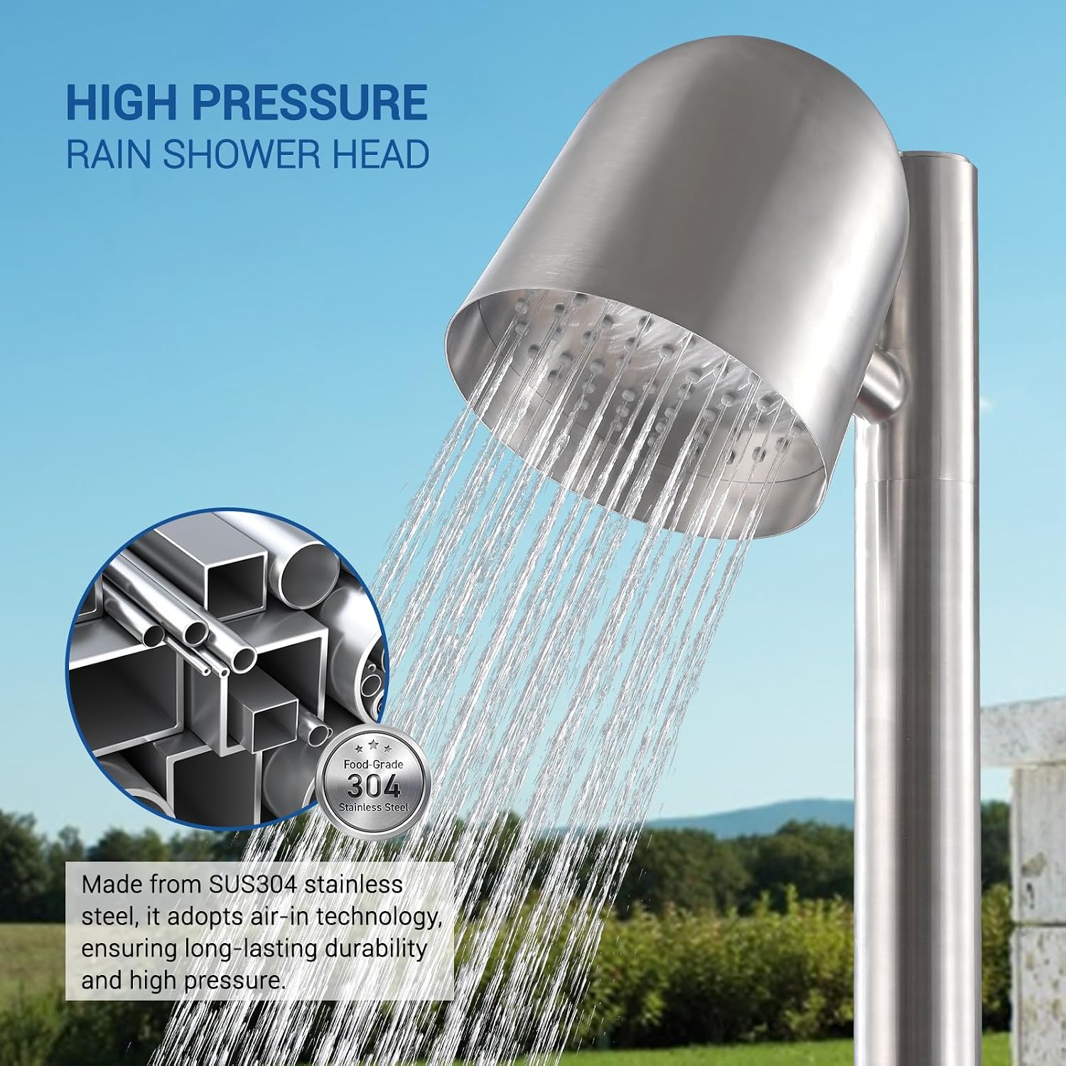 Freestanding Outdoor Shower Faucet Set, Outdoor Shower Kit with 3-Function Handheld Shower and Rain Shower, Stainless-Steel Outdoor Shower System for Patio, Pool, Garden - Brushed Nickel