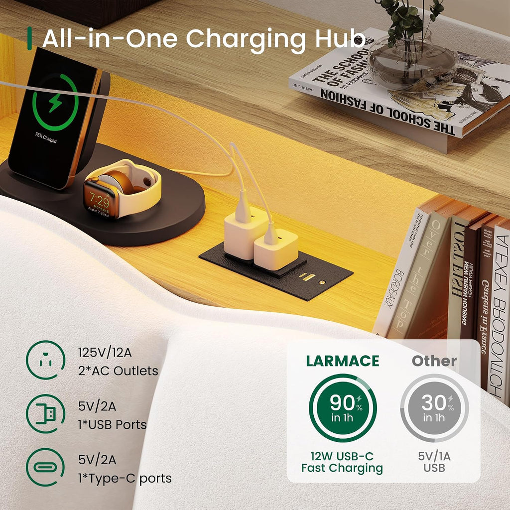 LARMACE King Size Bed Frame with LED Lights and Charging Station Velvet Upholstered Platform Bed Frame with Storage Headboard, No Box Spring Needed, Easy Assembly, White