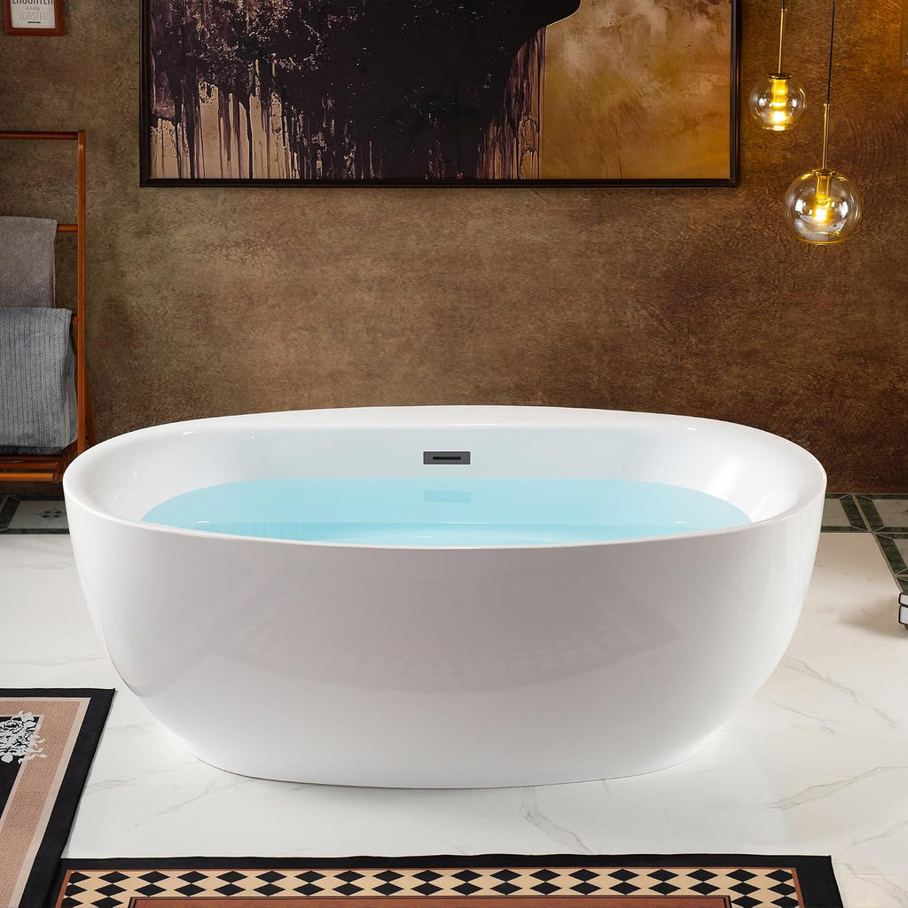 WOODBRIDGE 66' Acrylic Freestanding Bathtub Contemporary Soaking White Tub with Oil Rubbed Bronze Overflow and Drain，B0027-ORB
