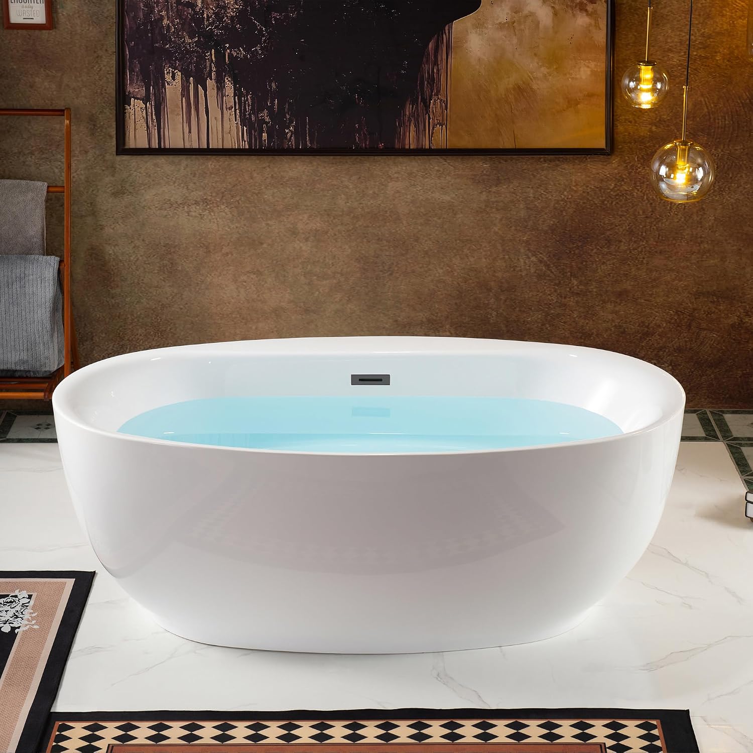 WOODBRIDGE 66' Acrylic Freestanding Bathtub Contemporary Soaking White Tub with Oil Rubbed Bronze Overflow and Drain，B0027-ORB