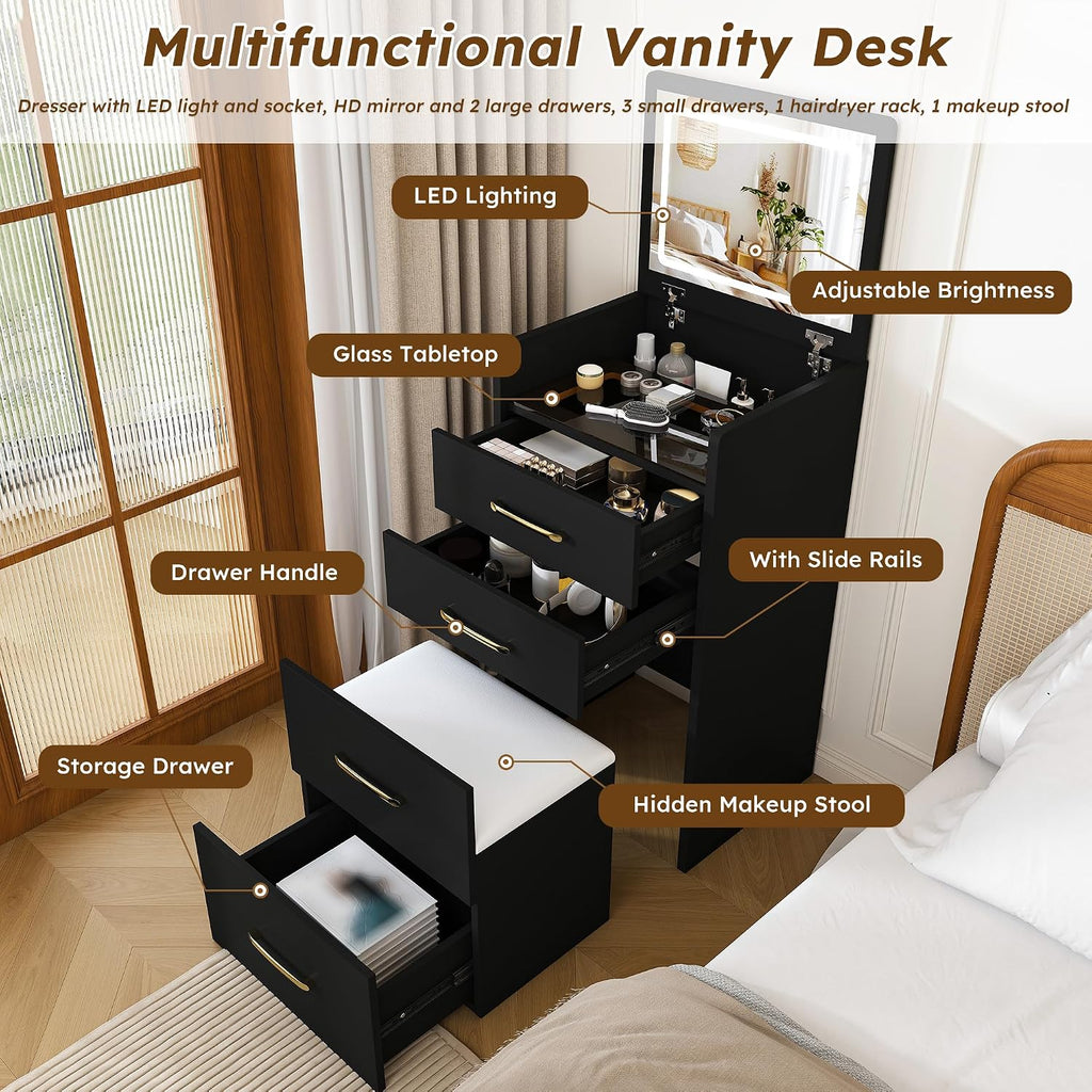 3 in 1 Vanity Desk with Plip Top Mirror and Lights,Small Make Up Vanity Set with Visible Glass Desktop,Compact Makeup Vanity with 3 Drawers,Dressing Table for Bedroom,Black
