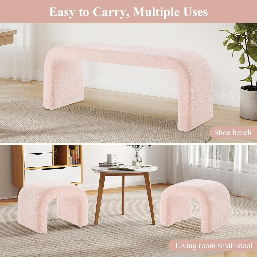 3-Piece Modern Ottoman Bench Set, 44' Wide Teddy Upholstered End of Bed Bench with 2 Foot Stools, Padded U-Shaped Entry Bench Vanity Stool for Living Room Bedroom (Pink)
