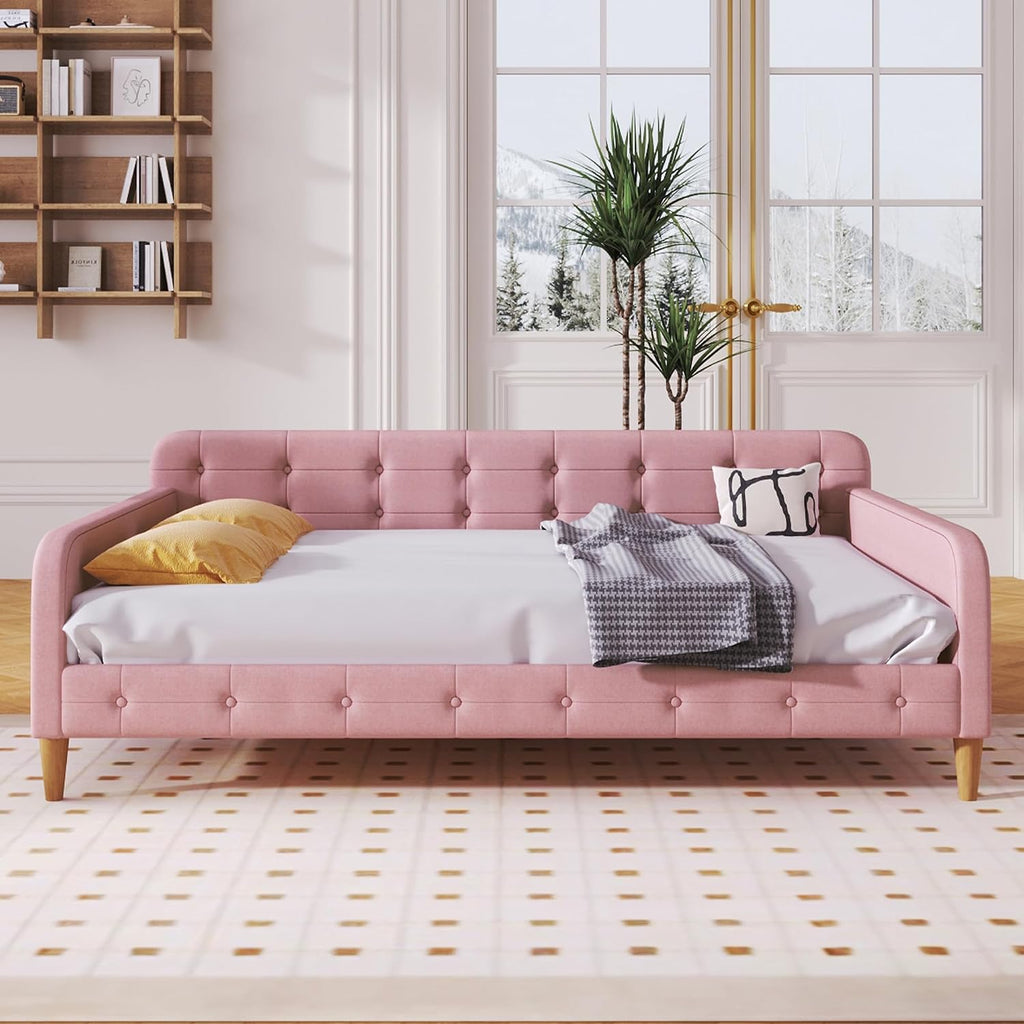 Merax 79' Full Size Linen Upholstered Daybed with 4 Wood Legs,Pink