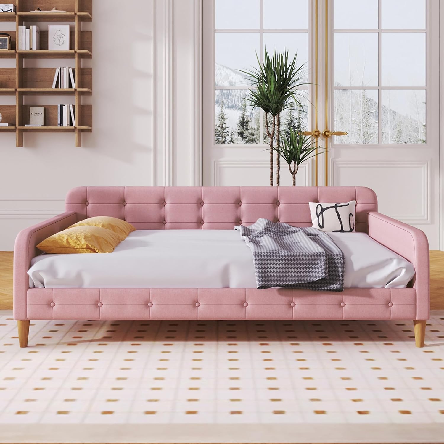Merax 79' Full Size Linen Upholstered Daybed with 4 Wood Legs,Pink