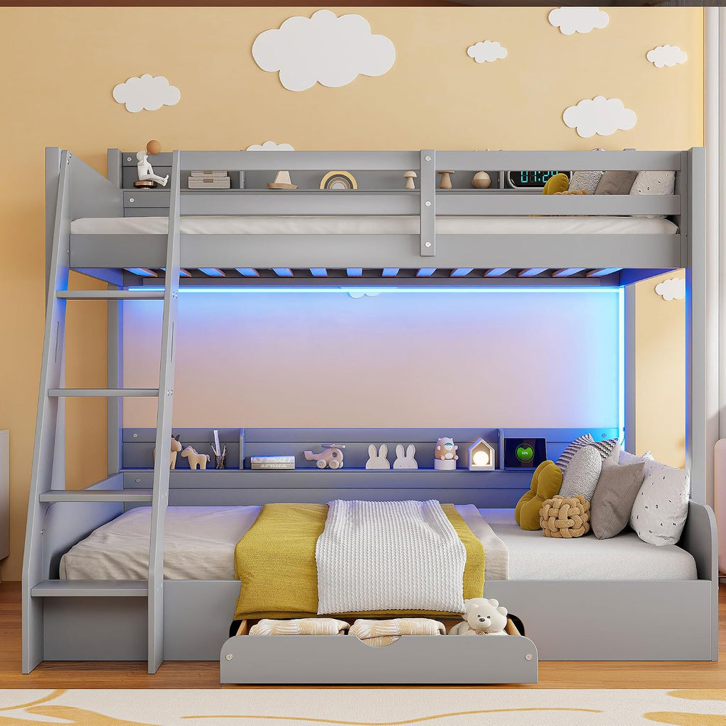 RUNNA Twin Over Full Bunk Bed with Storage Shelves, LED, Charging Station and a Drawer, Solid Wood Bunk Bed for Kids, Teens, Adults (Grey/LED)