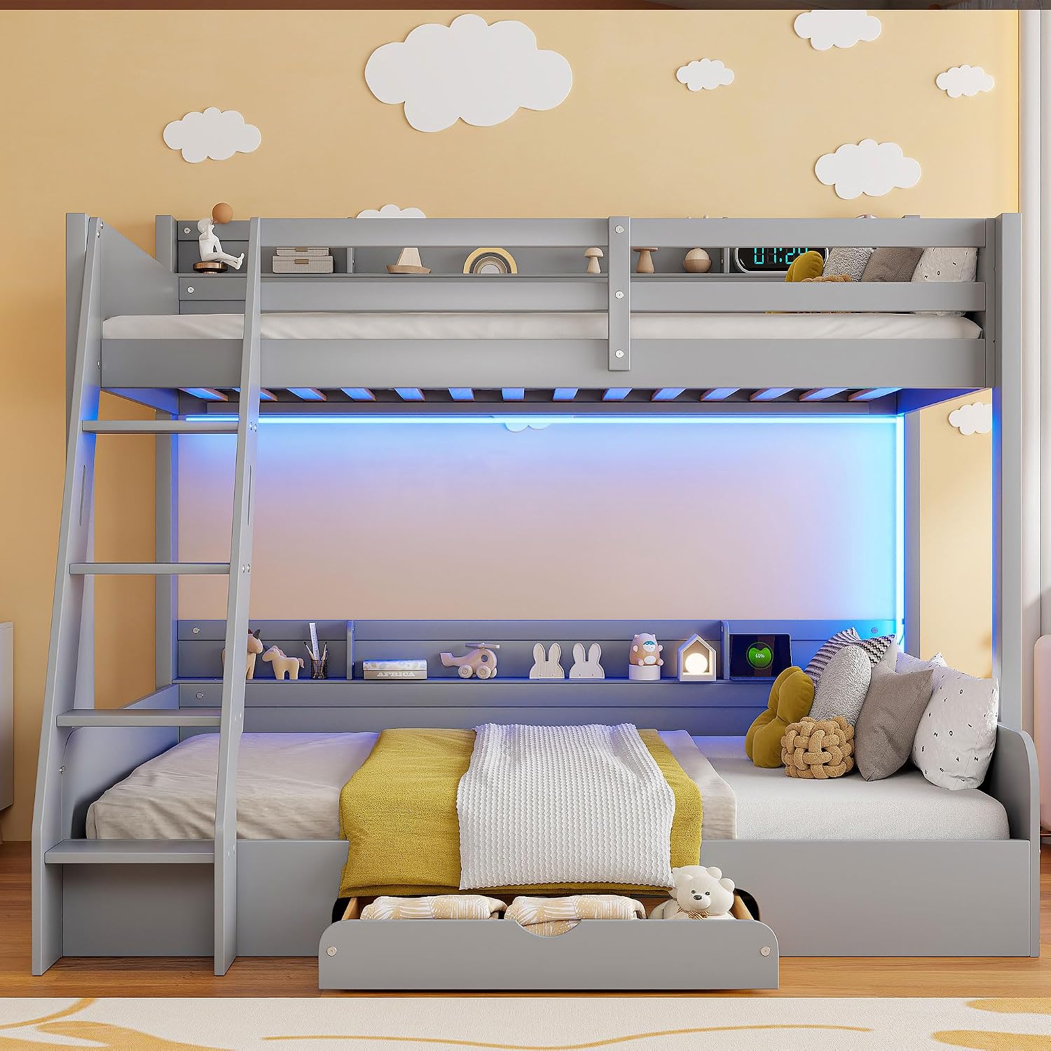RUNNA Twin Over Full Bunk Bed with Storage Shelves, LED, Charging Station and a Drawer, Solid Wood Bunk Bed for Kids, Teens, Adults (Grey/LED)