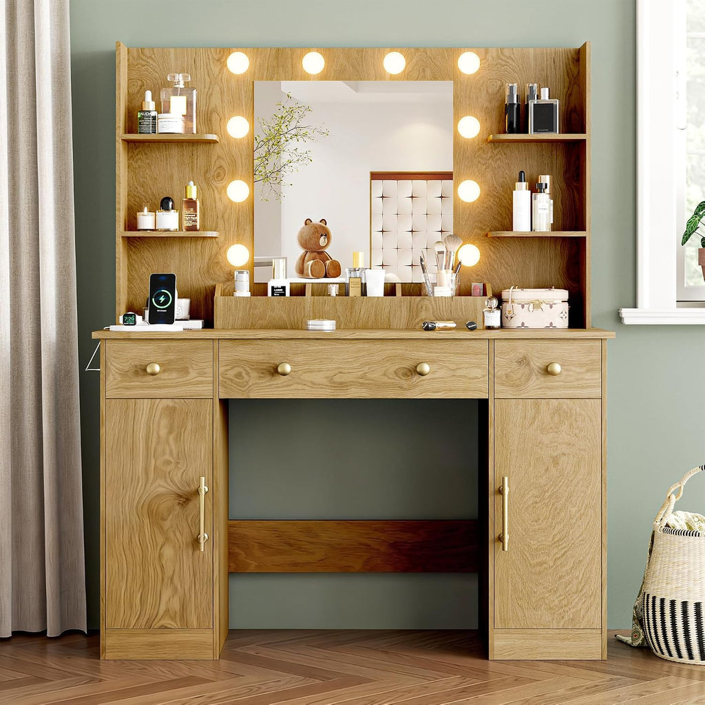 Vanity Desk with Mirror and Lights, 43'' Makeup Dressing Table Set with 5 Drawers & Power Outlet, 3 Lighting Modes Brightness Adjustable, Vanity with RGB Ambient Light for Women Girls Bedroom, Oak