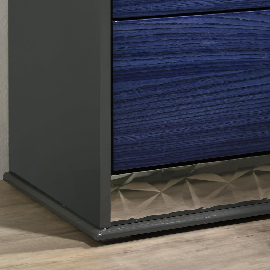 Furniture of America Scape Glam Solid Wood 5-Piece Bedroom Set with Geo Chrome Molding, Felt-Lined Top Drawer, Metal Side Glide, Square Knobs, No Box Spring Needed, King, Indigo Blue