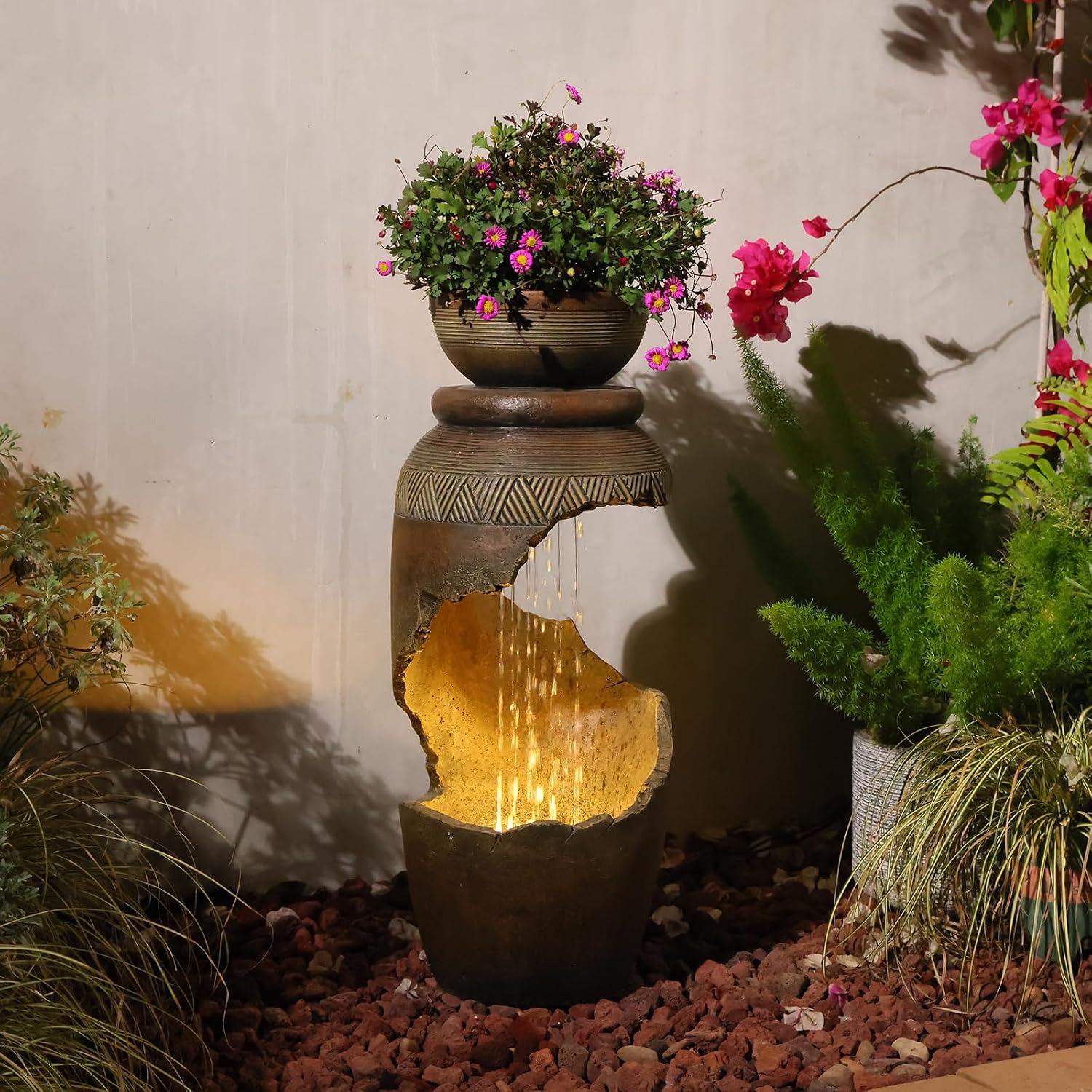 Sunlinua Outdoor Water Fountain with LED Light, Modern Spiral Tiered Outdoor Fountain with Stone Planter Curved Freestanding Waterfall Fountains for Garden Patio Deck Porch