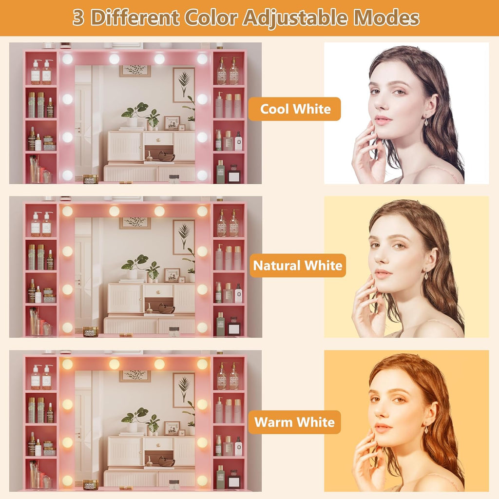 HUANLEGO Pink Vanity Desk with Mirror and Lights, Glass Top Vanity with Lighted Mirror & RGB Glass Cabinet and 3 Drawers, Makeup Vanity Desk with Lights Dressing Table for Bedroom, 3 Color Modes