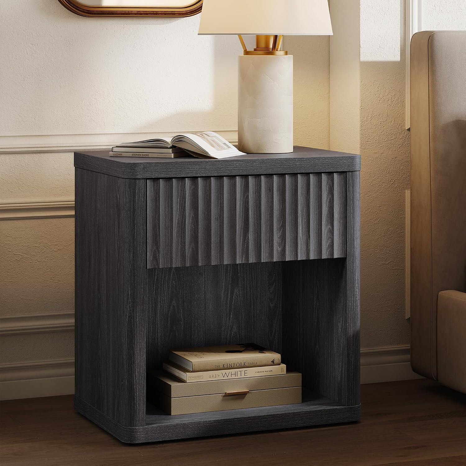 SICOTAS Night Stand Nightstand with Drawer Storage Fluted Bed Side Table End Table Large Modern Wide Bedside Mid Century Night Stands for Bedroom Living Room Sofa Couch Home Office, Dark Grey Alder