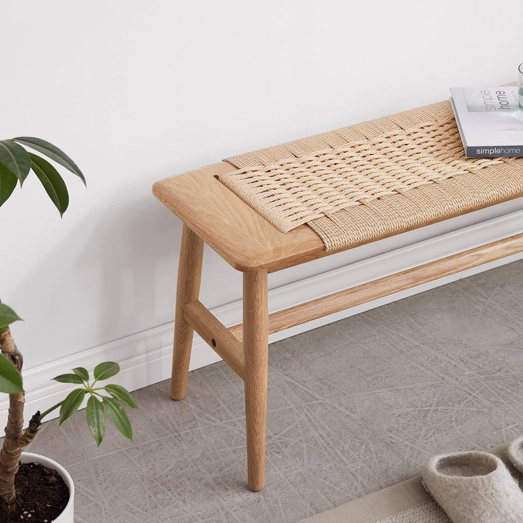 100% Solid Oak Wood Bench,Hand Woven Design,Solid Mortise and Tenon Construction-Solid Structure of Chair Legs,Woven Rattan Entryway Benchs/Dining Bench (Natural Oak,31.49'*11.81'*15.98')