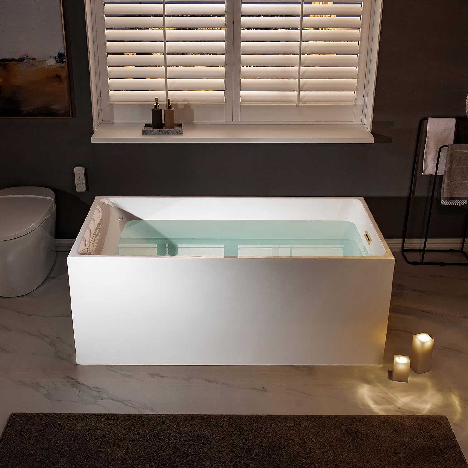 WOODBRIDGE 59' Acrylic Freestanding Bathtub Contemporary Soaking White Tub with Oil Rubbed Bronze Overflow and Drain，BTA0081-ORB-Drain&O