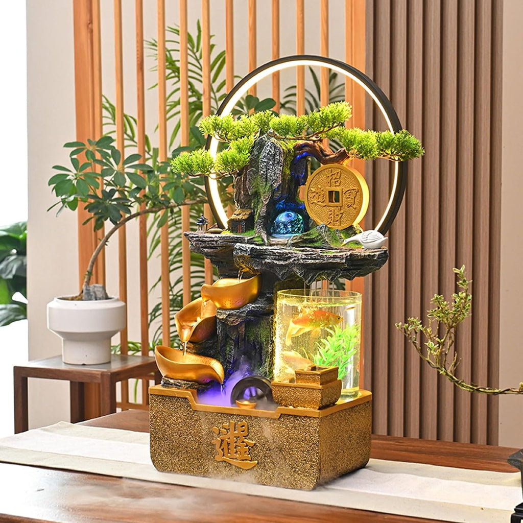 3 Tier Gold Ingot Circulating Fountain Tabletop Rockery Fountain w/LED Light, Fish Tank, LED Light, Fake Plants, Atomizing Humidifier