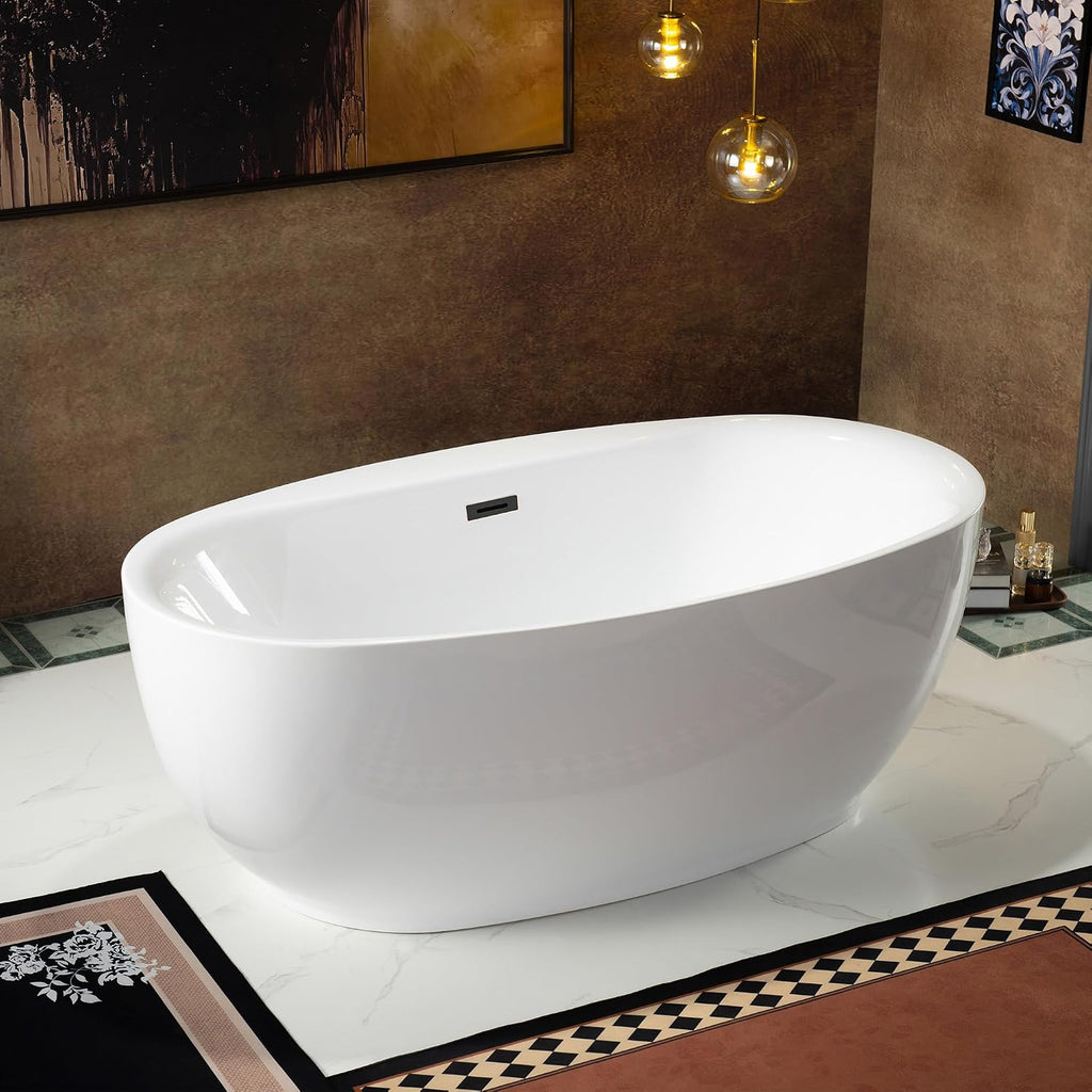 WOODBRIDGE 66' Acrylic Freestanding Bathtub Contemporary Soaking White Tub with Oil Rubbed Bronze Overflow and Drain，B0027-ORB