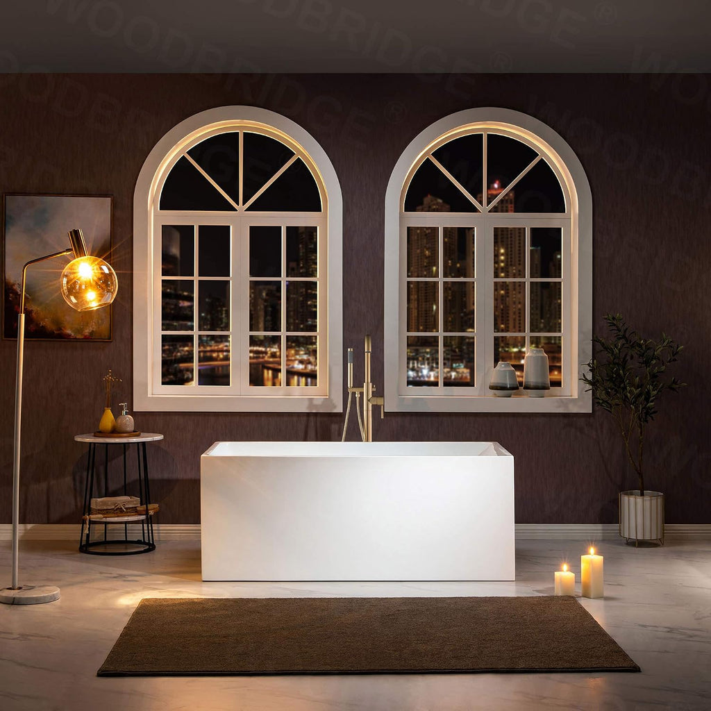 WOODBRIDGE 67' Acrylic Freestanding Bathtub Contemporary Soaking White Tub with Brushed Gold Overflow and Drain，B0086-BG-Drain&O