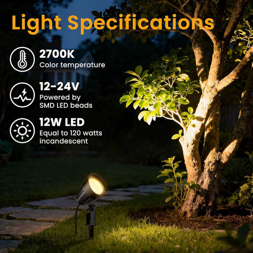12W Landscape Lighting Kit, Low Voltage Landscape Lights with Transformer 100FT UL-Listed Wire & Connectors, 2700K Waterproof Outdoor Spot Lights for Yard House Tree 12V-24V 12Pack