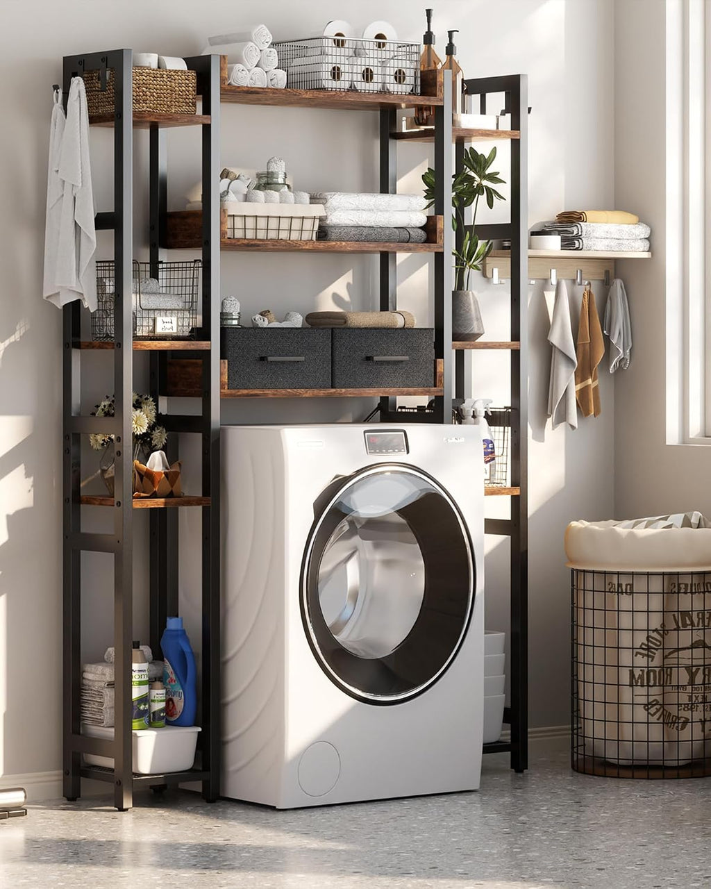 Besiost Over The Toilet Storage, 11 Tier Bathroom Organizer with Dual Side Racks and 2 Fabric Drawers, Adjustable Freestanding Rack Space Saver for Small Spaces, Rustic Brown