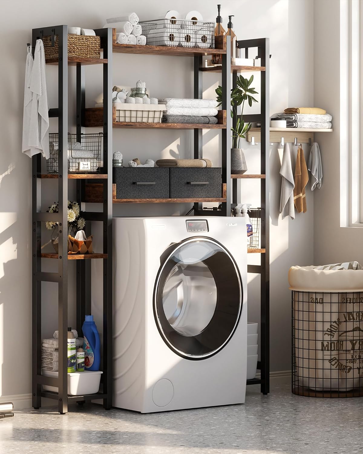 Besiost Over The Toilet Storage, 11 Tier Bathroom Organizer with Dual Side Racks and 2 Fabric Drawers, Adjustable Freestanding Rack Space Saver for Small Spaces, Rustic Brown