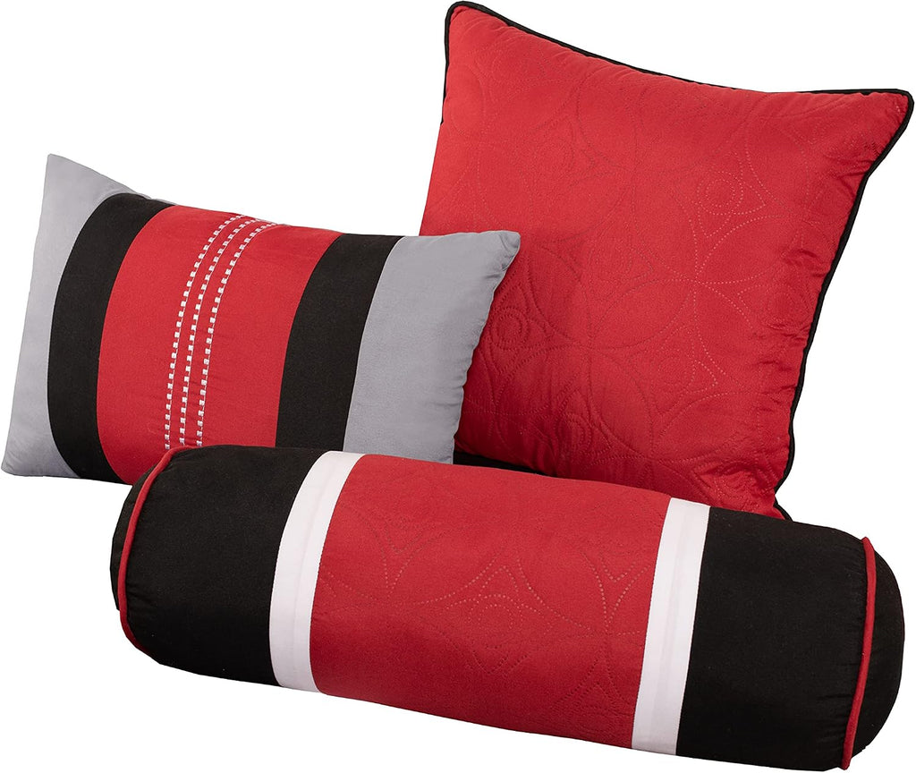 Chezmoi Collection Upland 7-Piece Quilted Patchwork Comforter Set, Red/Gray/Black, Oversized King