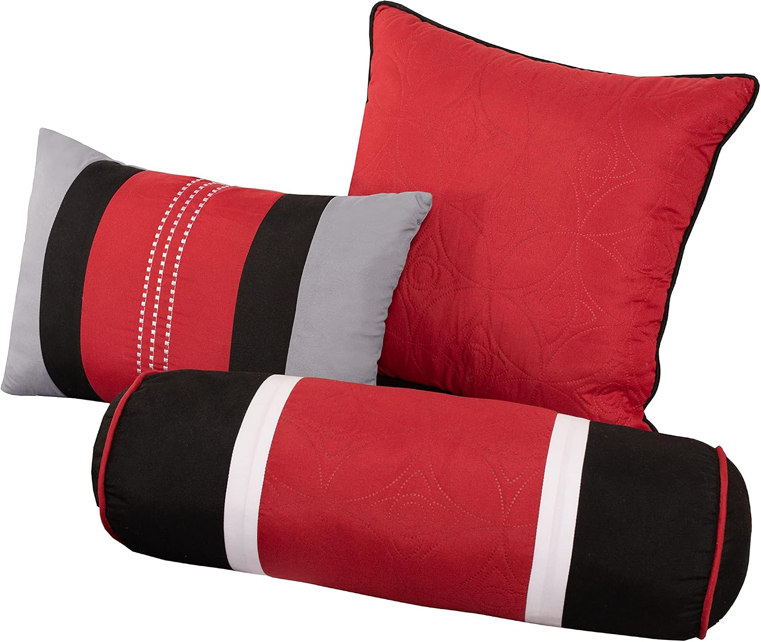 Chezmoi Collection Upland 7-Piece Quilted Patchwork Comforter Set, Red/Gray/Black, Oversized King