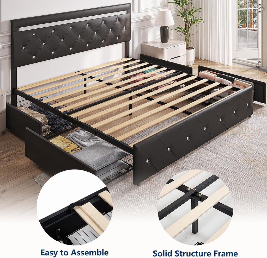 Benevika Queen Size Bed Frame with 4 Drawers and Charge Station, PU Leather Upholstered Bed with Adjustable LED Headboard, Wooden Slats Support, No Box Spring Needed, Black