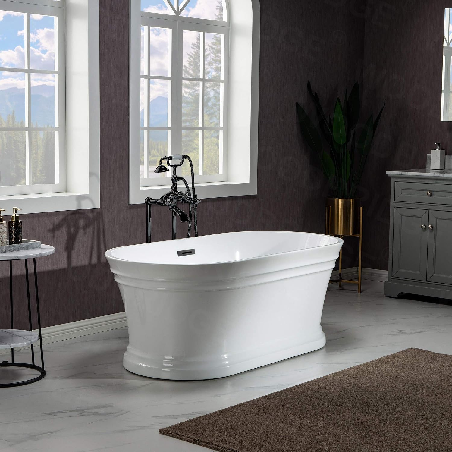 WOODBRIDGE 59'Freestanding White Acylic Soaking Bathtub with Drain Kit and Floor Mount Tub Filler in Brushed Nickel,BTA1536 -B/N-Drain &O +F0018BN