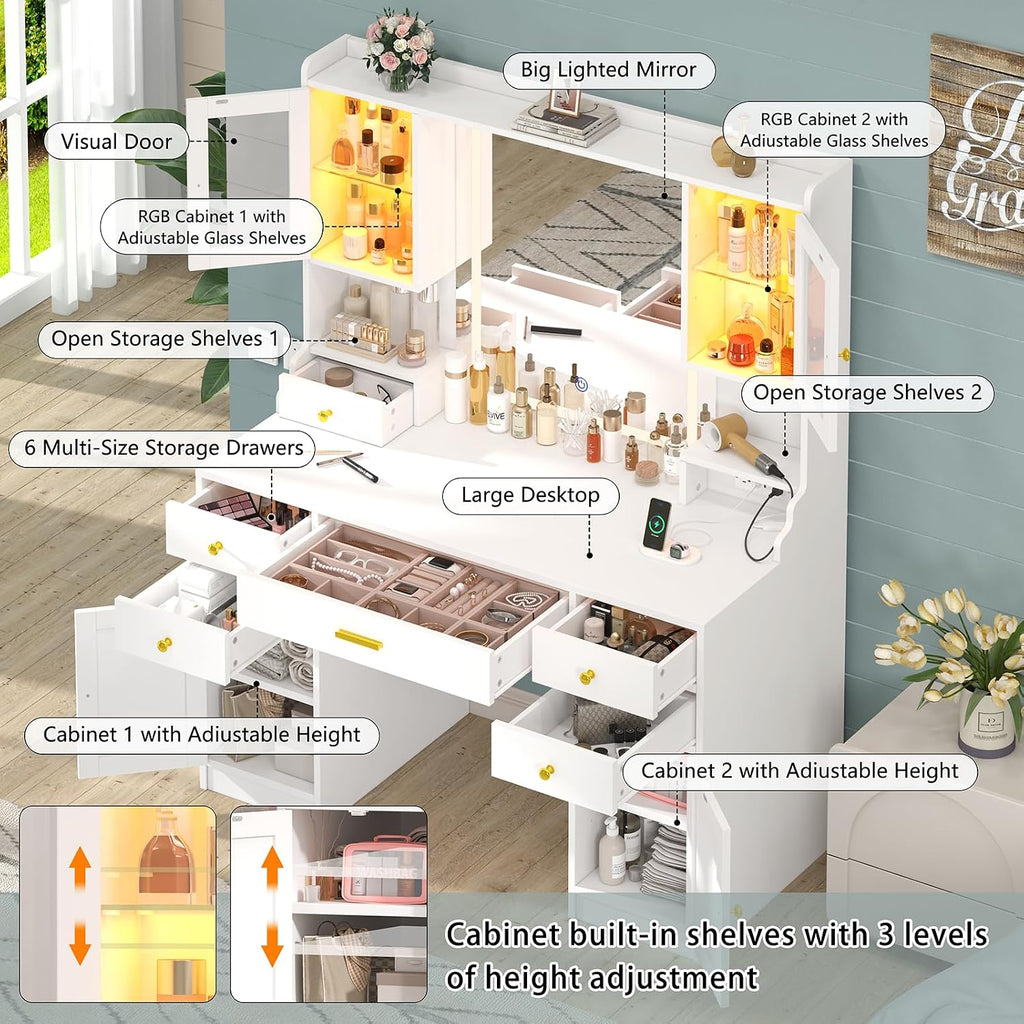 Vanity Desk with Mirror and Lights, White Makeup Vanity Table with Charging Station，Large Vanity Desk with 6 Drawers & 2 RGB Cabinet, Dressing Table Set with Lighted Mirror Adjustable, for Bedroom