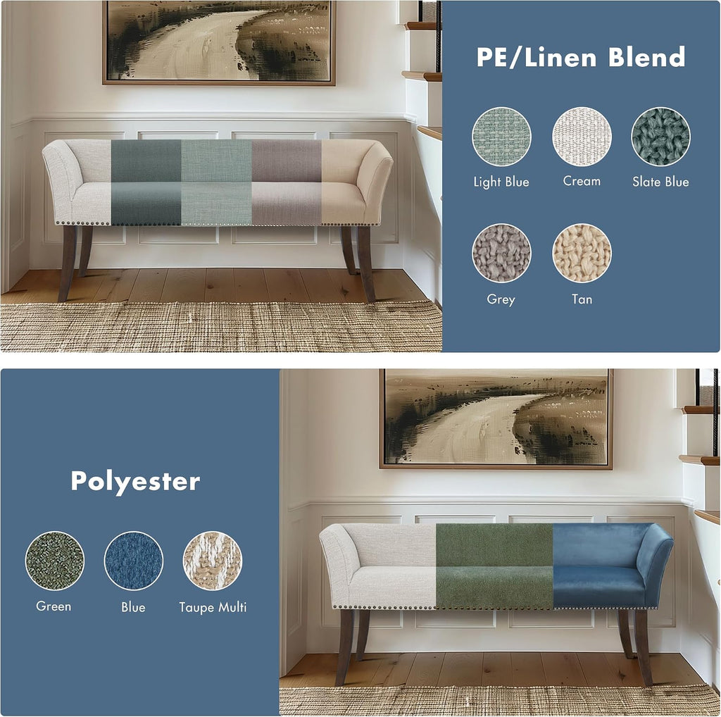 Madison Park Accent Bench, Upholstered with Nailhead Trim, & Padded Seat Entryway Bench Small, End of Bed Bench with Back, 49.5' W x 19.25' D x 23' H, Blue