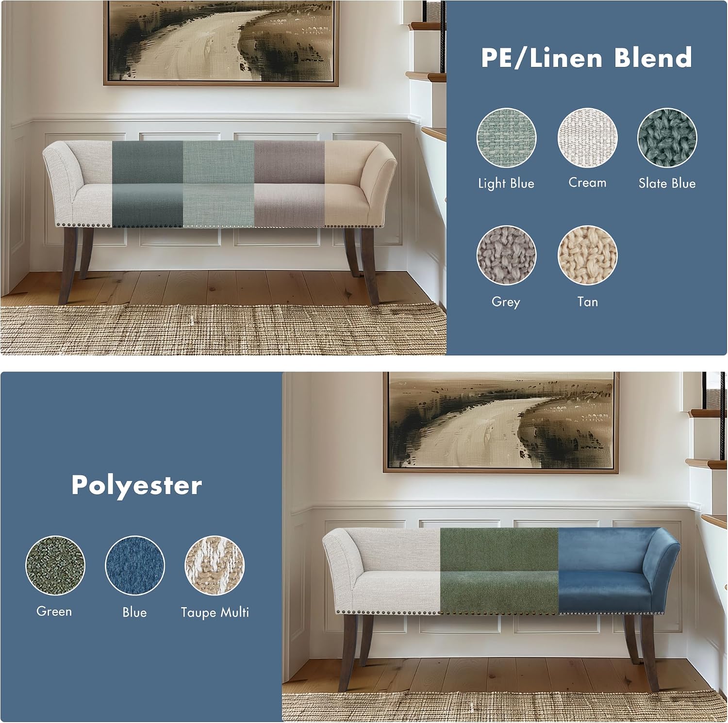 Madison Park Accent Bench, Upholstered with Nailhead Trim, & Padded Seat Entryway Bench Small, End of Bed Bench with Back, 49.5' W x 19.25' D x 23' H, Blue