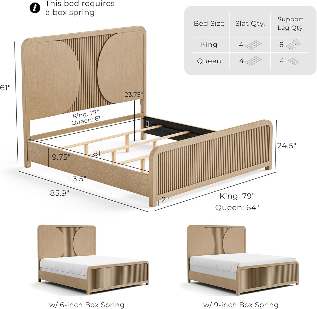 Furniture of America Tissen Modern Solid Wood 5-Piece King Bedroom Set with USB Ports, Reeded Panels, Curved Edges and Beveled Mirror, Box Spring Needed, Natural