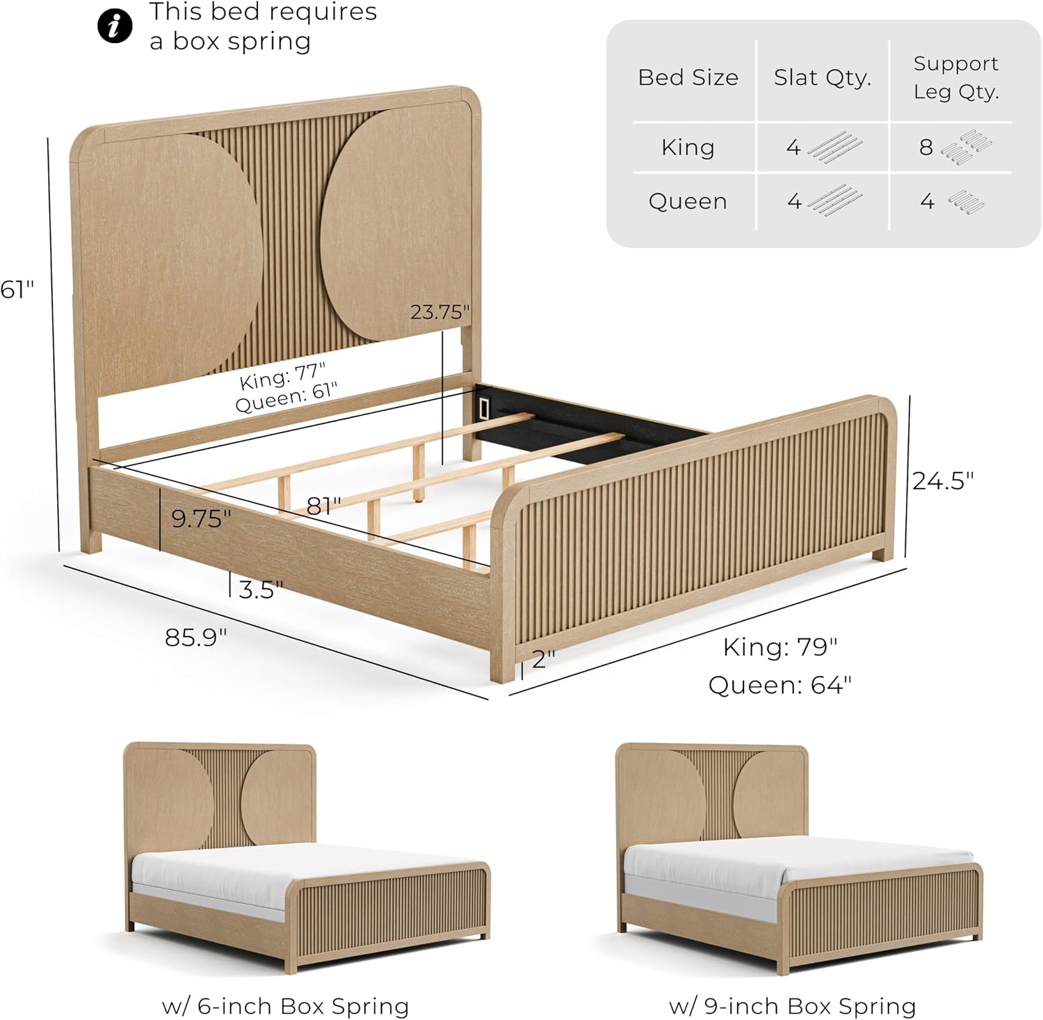Furniture of America Tissen Modern Solid Wood 5-Piece King Bedroom Set with USB Ports, Reeded Panels, Curved Edges and Beveled Mirror, Box Spring Needed, Natural